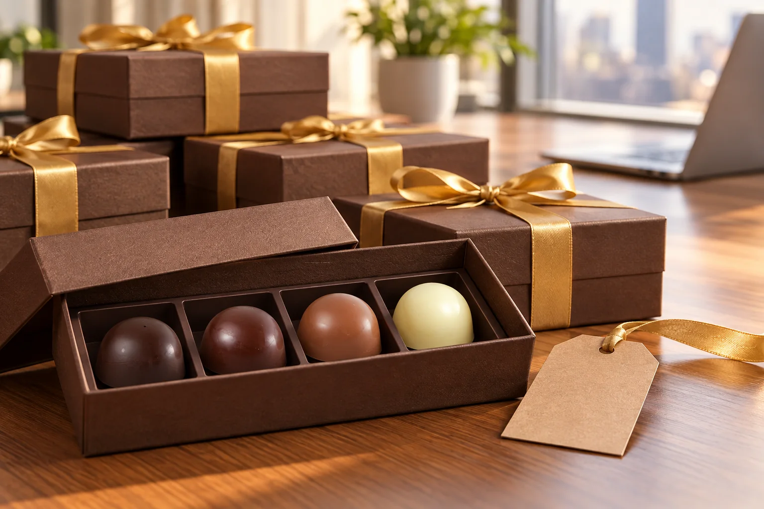 Caixas de presente marrons com fitas douradas sobre mesa de escritório, uma delas aberta com quatro bombons DONUTRI