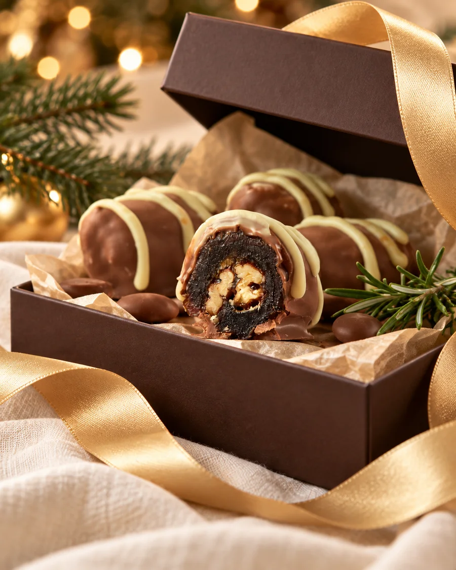 Tâmaras jumbo DONUTRI cobertas de chocolate em uma caixa marrom com fita dourada